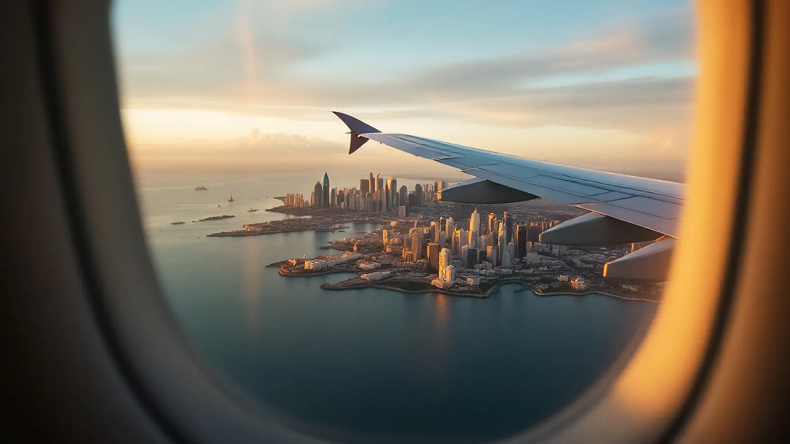 Vista de la bahía de Ciudad de Panamá al atardecer desde la ventanilla de un avión que aterriza