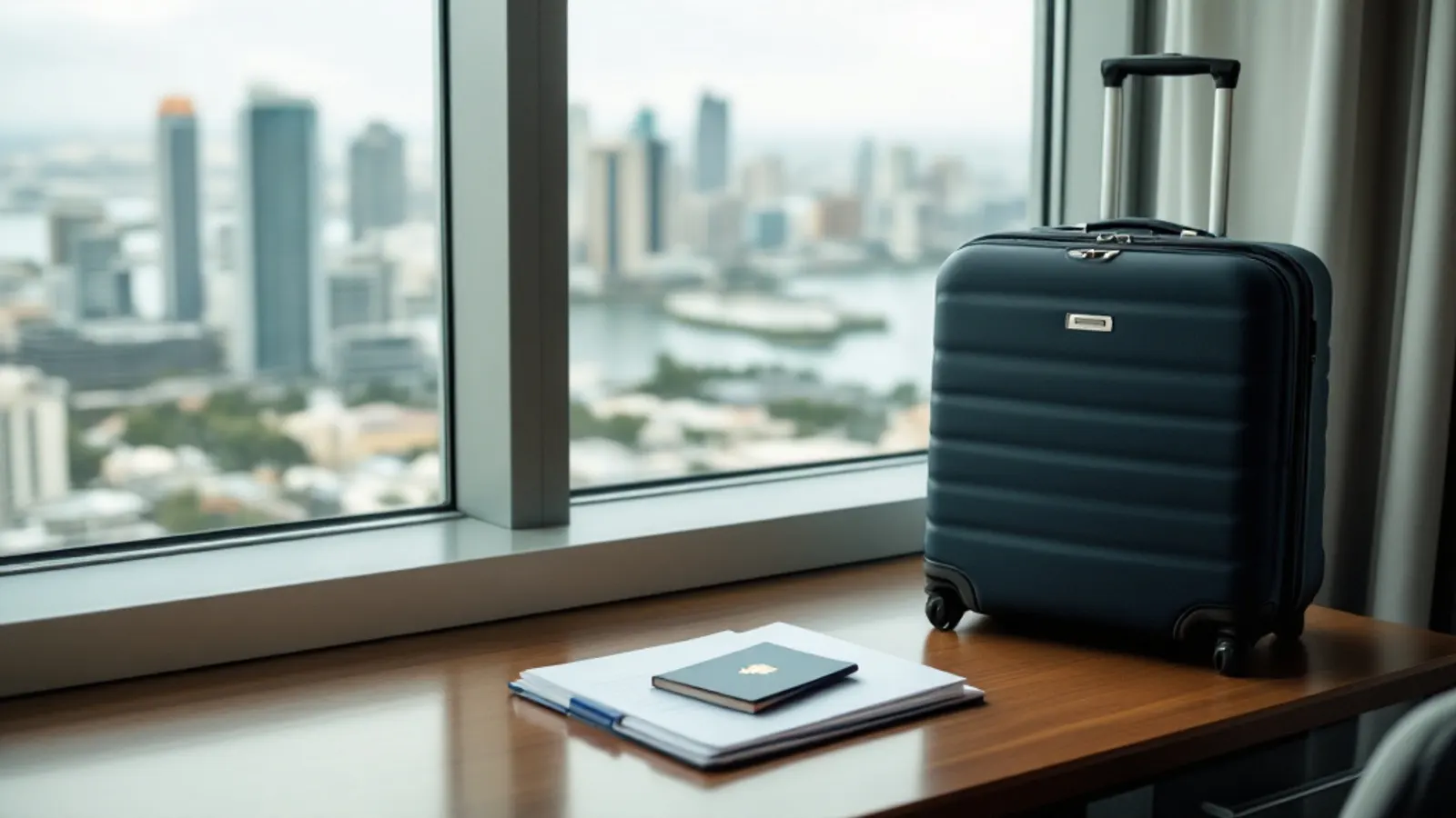 Maleta y pasaporte junto a una carpeta de documentos, con el skyline de Ciudad de Panamá al fondo