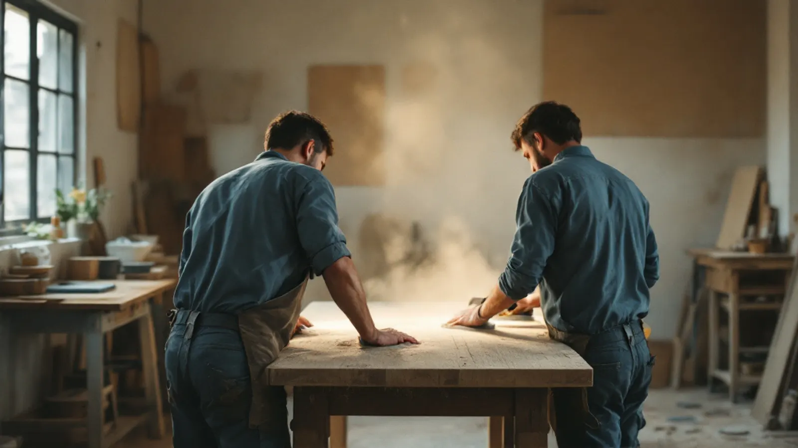 Empleados de una pequeña empresa panameña trabajando en un taller, vistos de espaldas