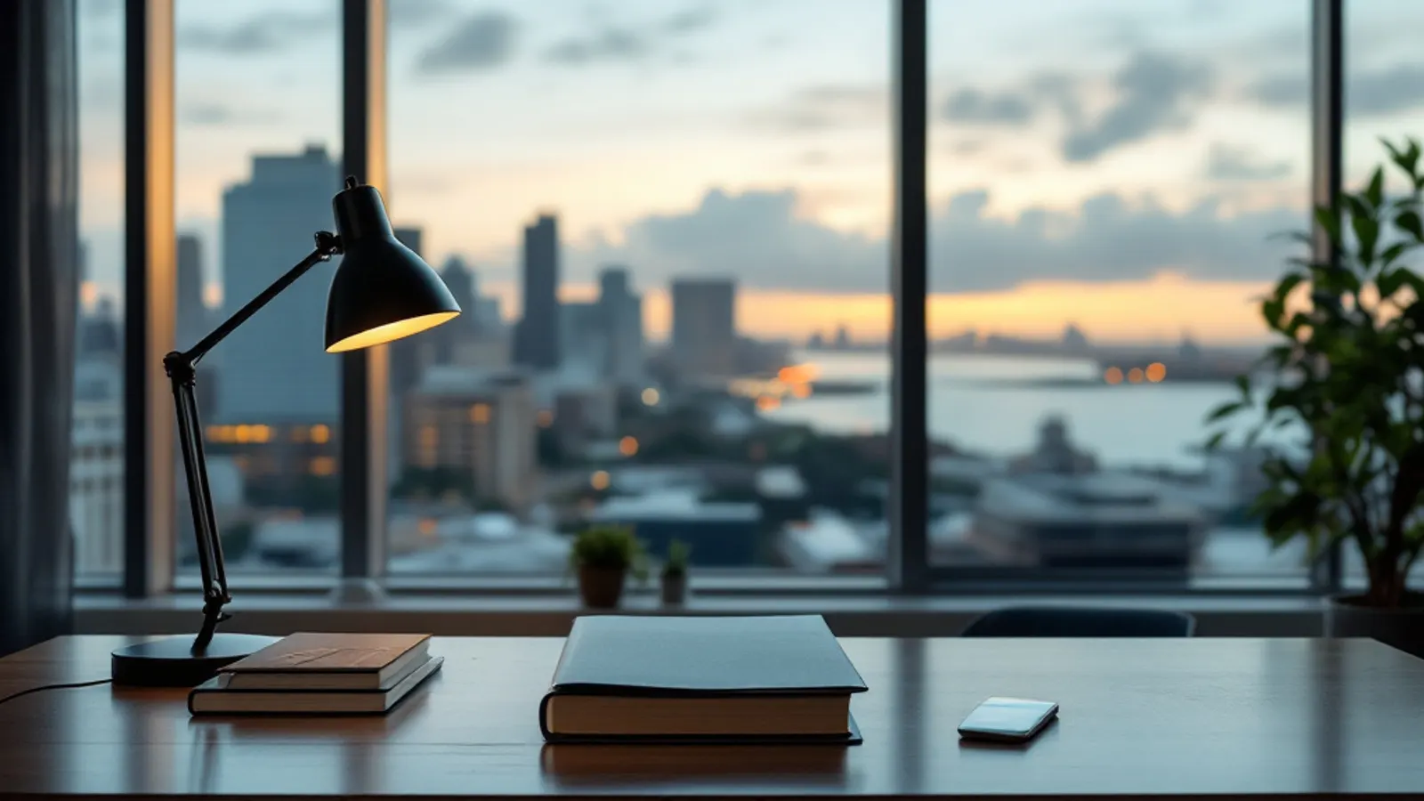 Vista de Ciudad de Panamá desde la ventana de una oficina con escritorio y carpetas