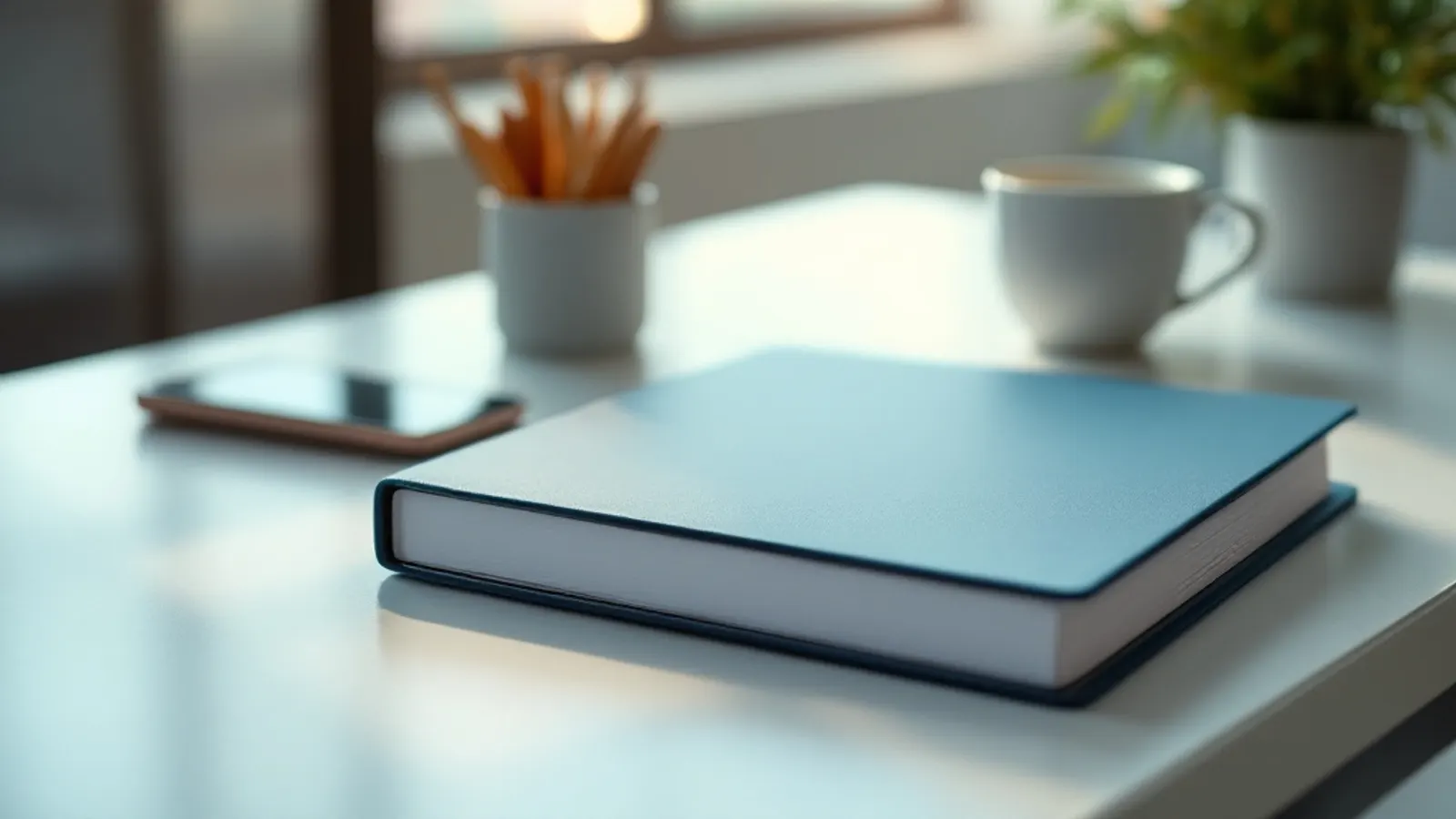 Carpeta de informe mensual cerrada sobre la mesa junto a una taza de café y un teléfono