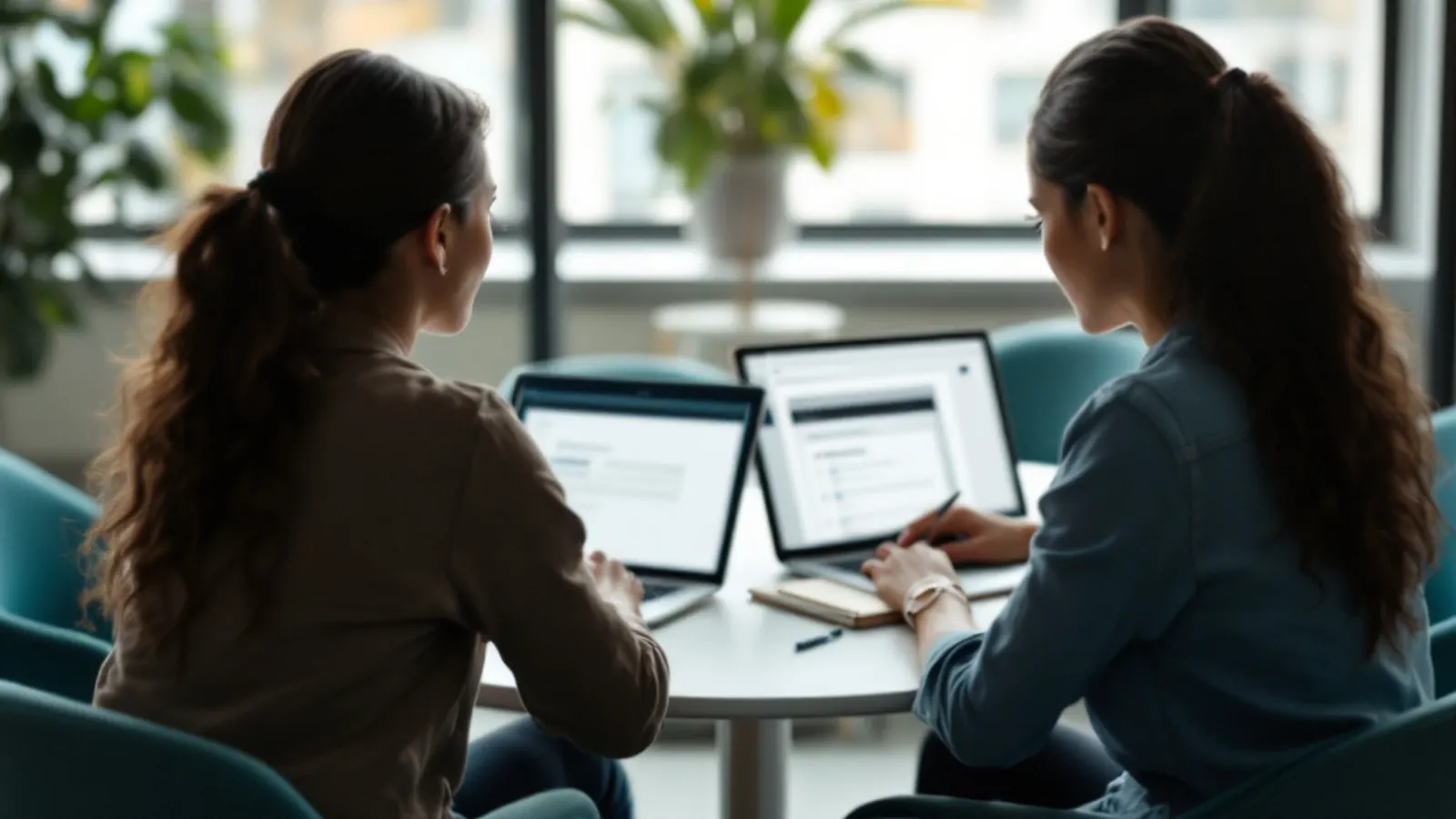 Dos personas revisando juntas una laptop en una reunión de inicio, vistas de espaldas