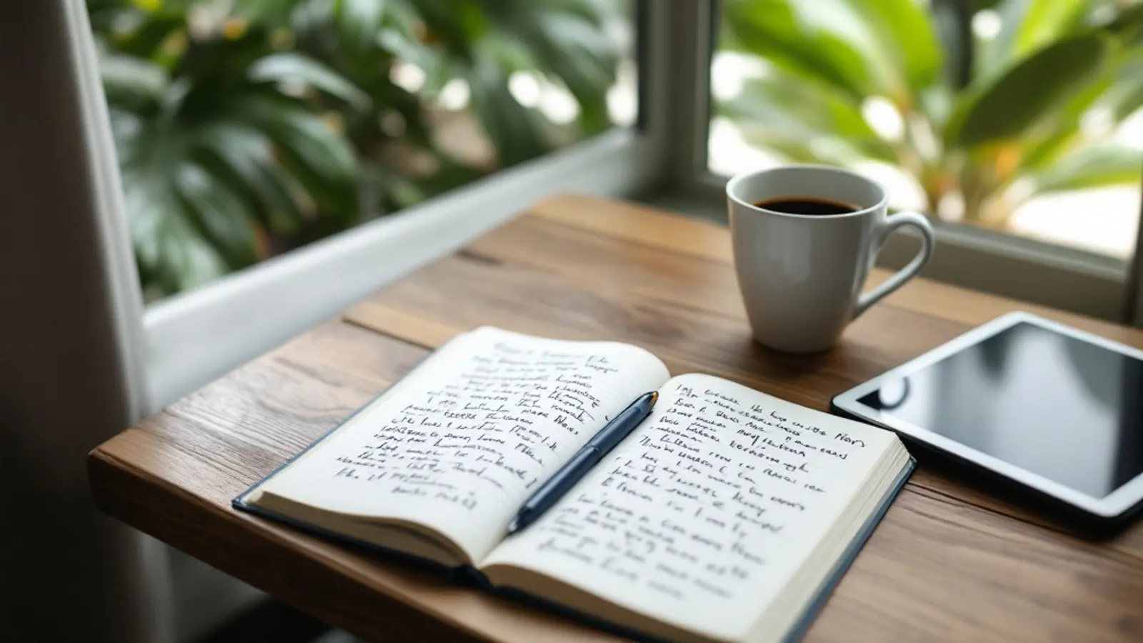 Taza de café junto a un cuaderno con notas y una tablet sobre una mesa, un momento para leer con calma
