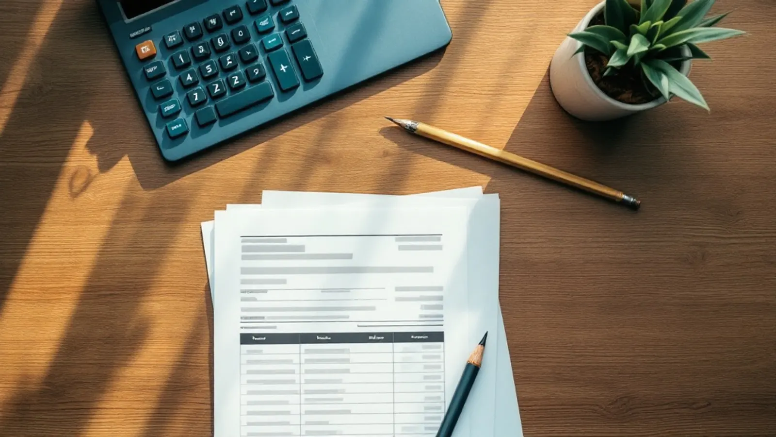 Calculadora, recibos de pago y lápiz sobre un escritorio, preparando el cálculo del Seguro Social