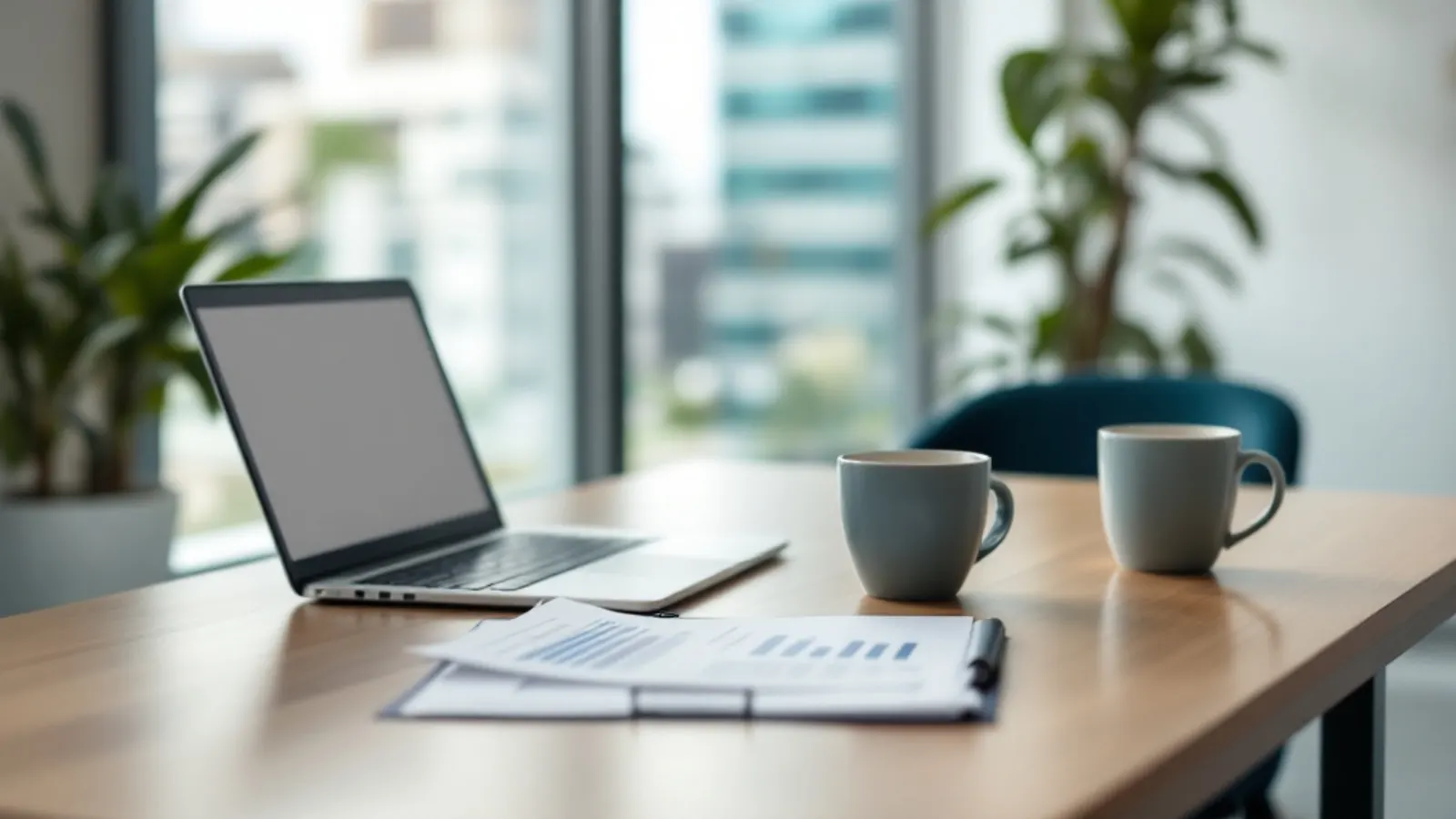 Mesa de reuniones con documentos contables y una laptop, preparada para revisar las cuentas de una empresa