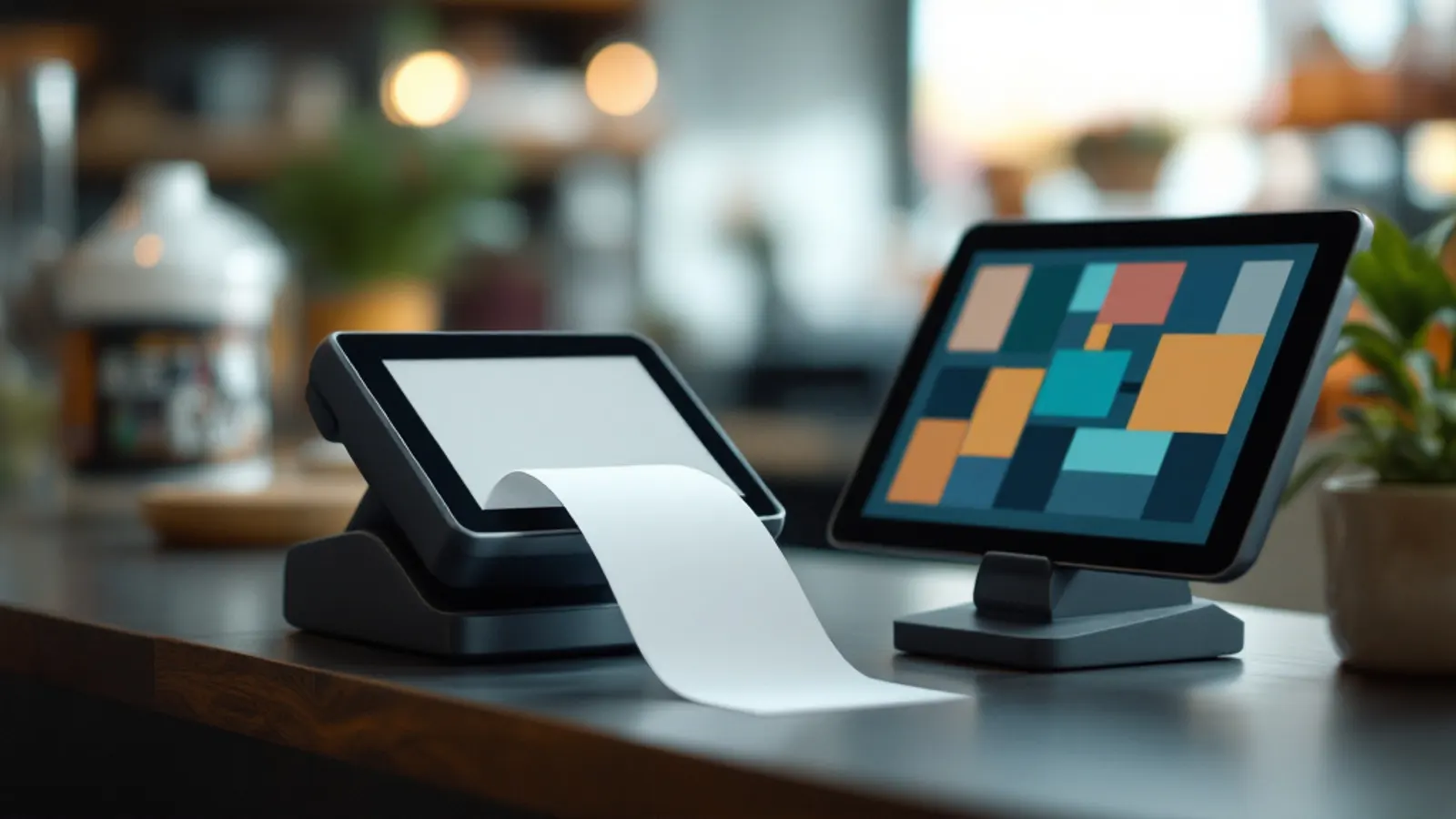 Terminal de punto de venta emitiendo un comprobante en el mostrador de un comercio