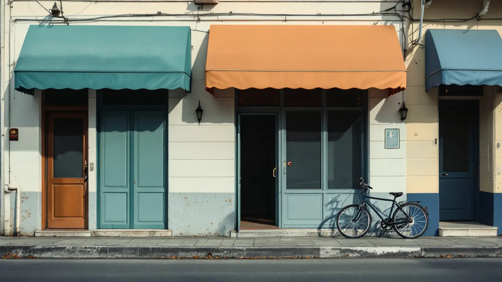 Fachada de pequeños comercios en una calle de Ciudad de Panamá con toldos de colores