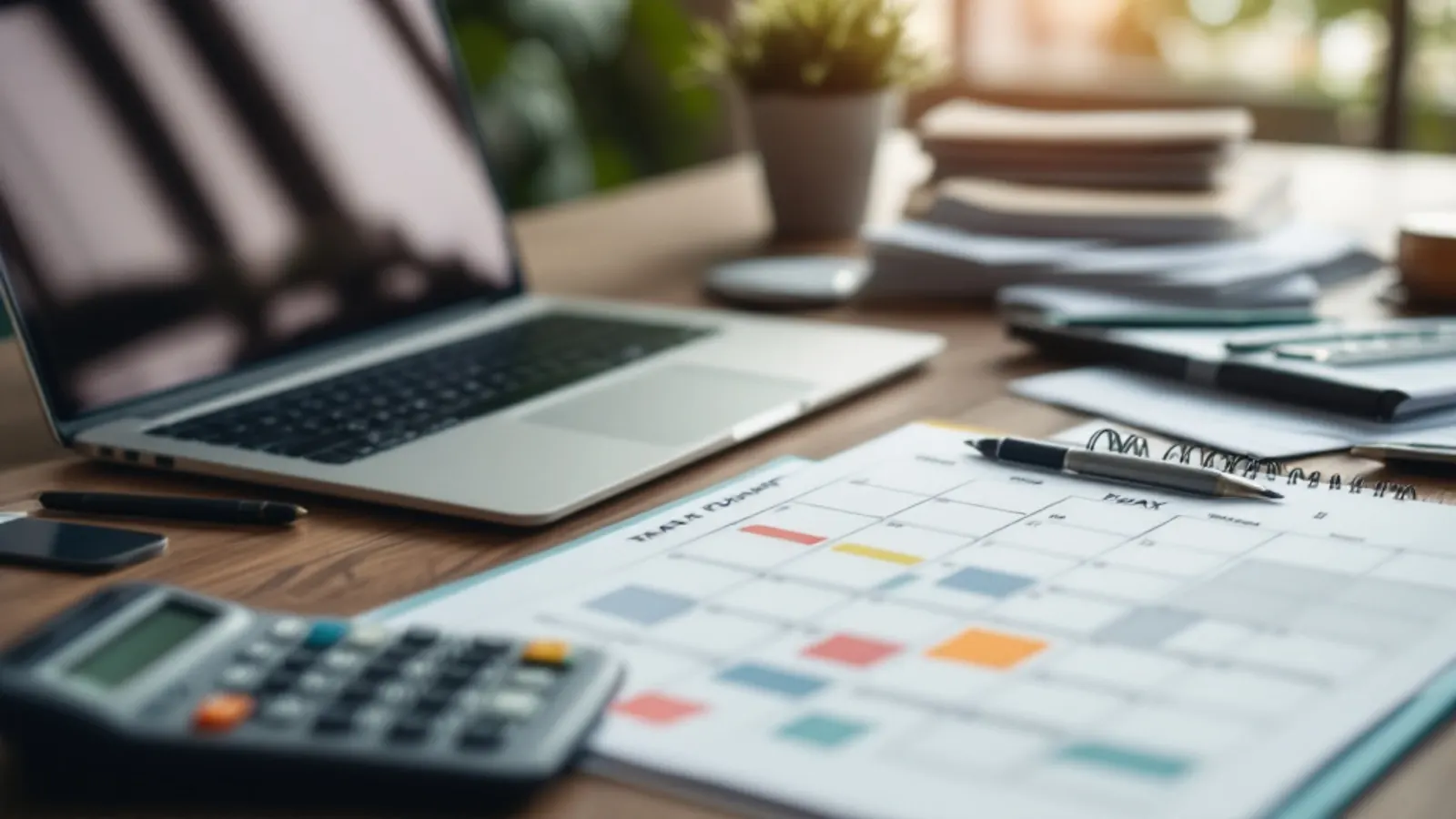 Laptop y calendario de escritorio con recibos ordenados, preparando las declaraciones de impuestos