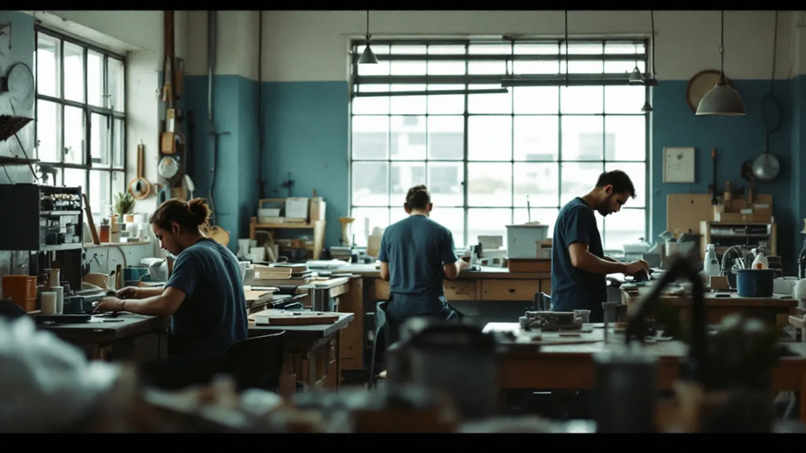 Equipo de trabajadores de una pyme panameña de espaldas en un taller luminoso, la planilla de la empresa